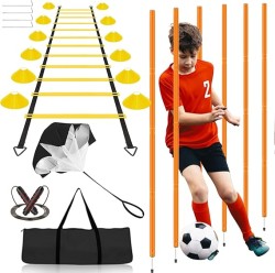 Speed & Agility Training Equipment-20ft Agility Ladder, 6 Poles, 12 Soccer Cones, Resistance Parachute