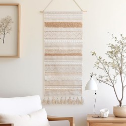 BlissBlush Long Vertical Wall Hanging Tapestry Woven Boho Farmhouse Decor Cream Beige Tassel Handmade Wall Art Decoration