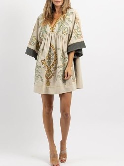 Womens Embroidered Dress with V-Neck and 3/4 Sleeves Loose Fit Vintage Embroidery Babydoll Dress