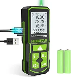 Huepar Professional Green Laser Measuring Tool 196ft, Digital Rechargeable Laser Distance Meter with Angle Sensor, 1/16in Accuracy